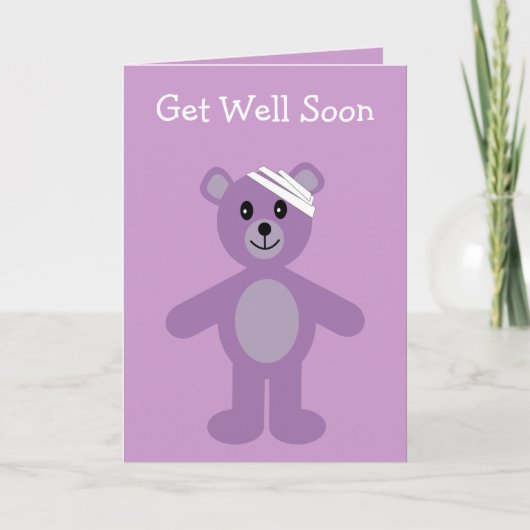 Get Well Soon薄紫漫画teddy bear card カード (正面)
