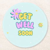 Get well soon bold text with flowers on blue ラウンドペーパーコースター (正面)