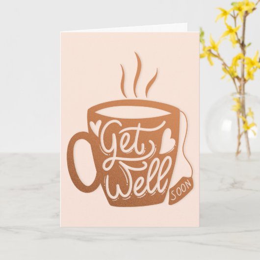 Get Well Soon Coffee Cup with Coffee Greetingタイポグラ カード (黄色い花)