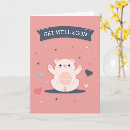Get Well Soon Cute Cartoon Bear Greeting カード (黄色い花)