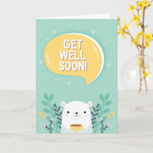 Get Well Soon Cute Cartoon Polar Bear Greeting カード (黄色い花)