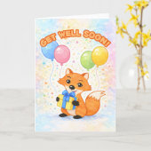 Get Well Soon! Cute fox with balloons and a gift. カード (黄色い花)
