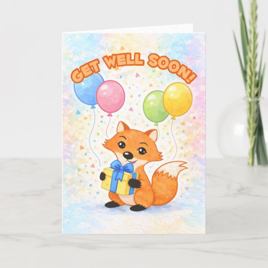 Get Well Soon! Cute fox with balloons and a gift. カード (正面)