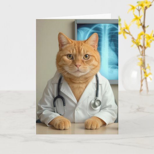Get Well Soon Doctor Cat カード (黄色い花)