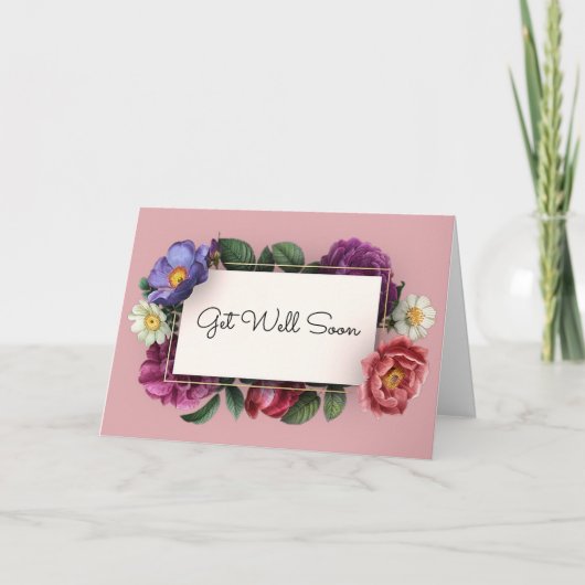 Get Well Soon Pastelフラワーフレームヴィンテージ カード (正面)