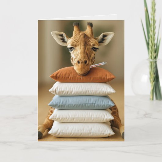 Get Well Soon Sick Giraffe On Bed Pillows カード (正面)