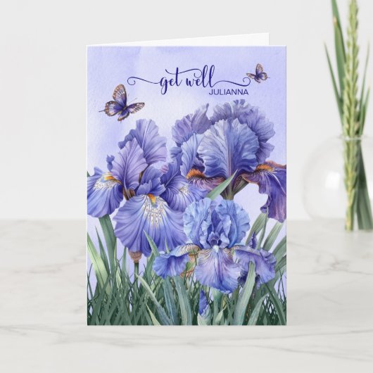 Get Well with a Purple Iris Garden and Butterflies カード (正面)