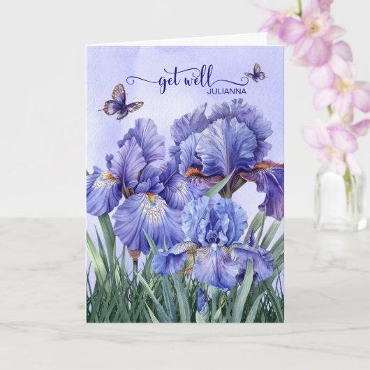 Get Well with a Purple Iris Garden and Butterflies カード (蘭)