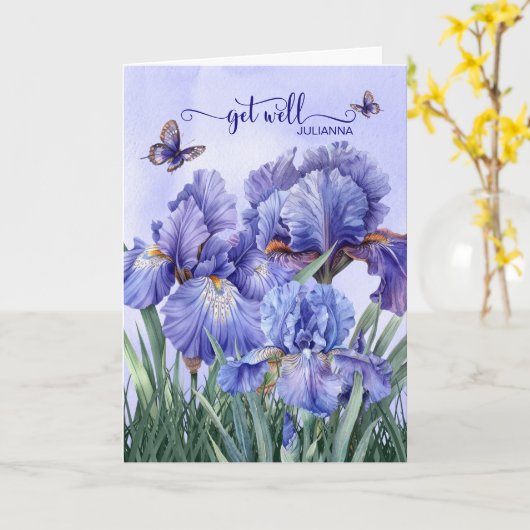 Get Well with a Purple Iris Garden and Butterflies カード (黄色い花)