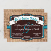 Getting Hitched Burlapティール(緑がかった色)結婚式招待状 招待状 (正面/裏面)