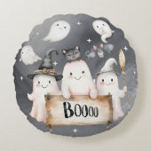 Ghost Black BOO Halloween Round Throw Pillow ラウンドクッション (正面)