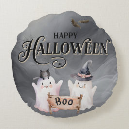 Ghost Black BOO Halloween Round Throw Pillow ラウンドクッション