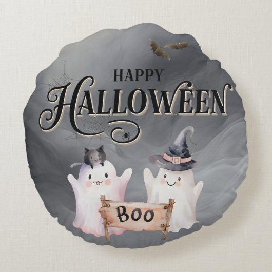 Ghost Black BOO Halloween Round Throw Pillow ラウンドクッション (裏面)