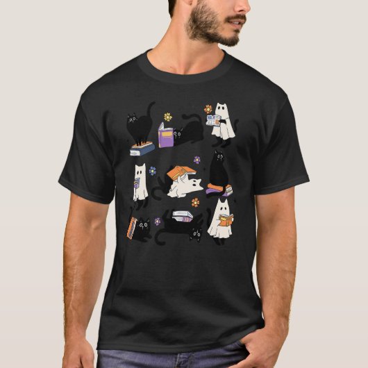 Ghost Black Cat Reading Book Halloween Costume Tシャツ (正面)