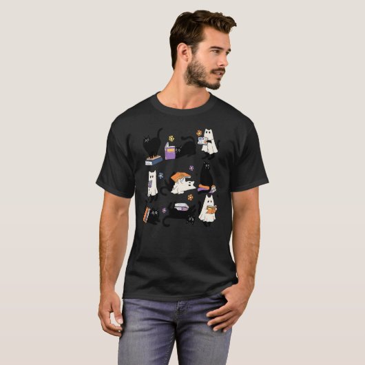 Ghost Black Cat Reading Book Halloween Costume Tシャツ (正面フル)