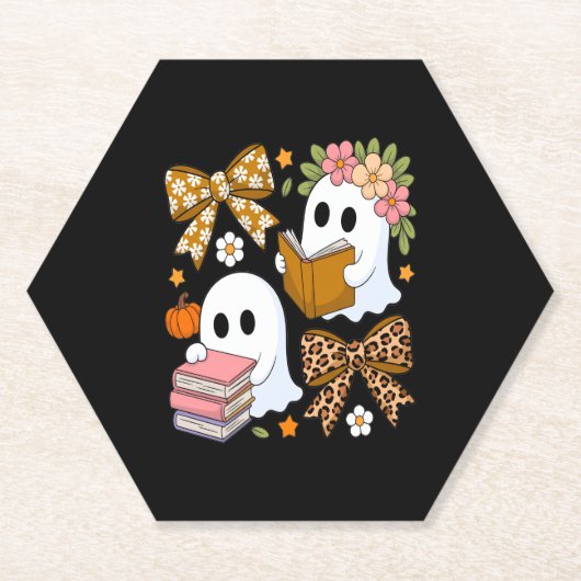 Ghost Books Halloween Floral Fall Halloween ペーパーコースター (正面)