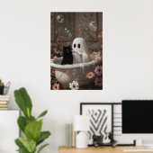 Ghost Brushing Black Cat's Teeth Bathtub Print ポスター (ホームオフィス)