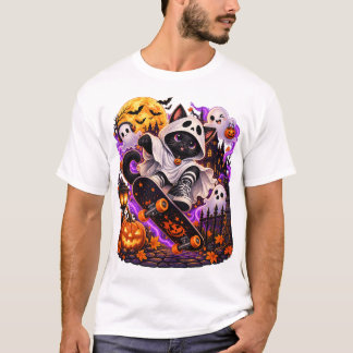 Ghost Cat Skateboard Halloween Tシャツ