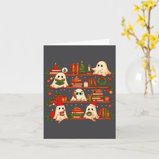 Ghost Christmas Hat Reading Book Bookshelf Lover L カード (黄色い花)