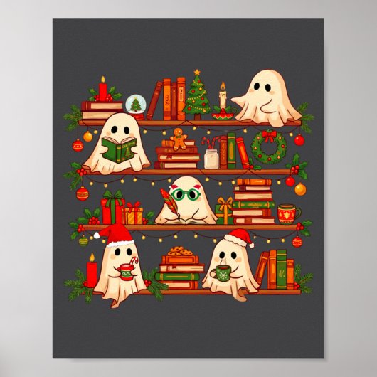 Ghost Christmas Hat Reading Book Bookshelf Lover L ポスター (正面)