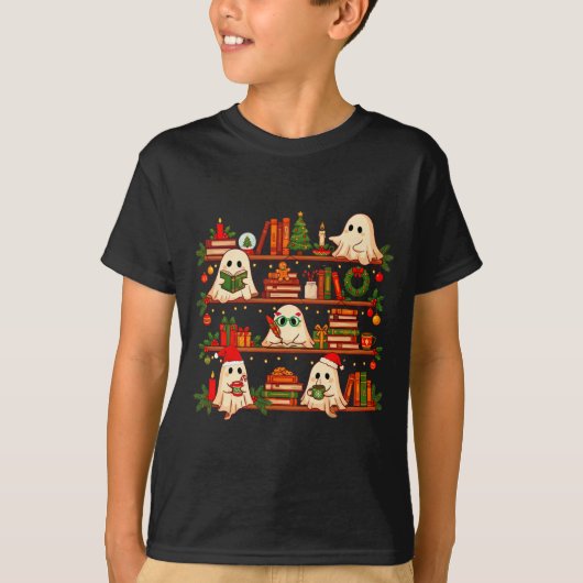 Ghost Christmas Hat Reading Book Bookshelf Lover L Tシャツ (正面)