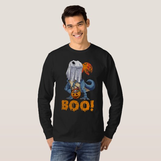 Ghost Dinosaur T rex Funny Boo Halloween Boys Men  Tシャツ (正面フル)