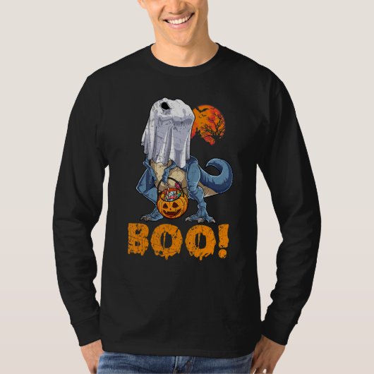 Ghost Dinosaur T rex Funny Boo Halloween Boys Men Tシャツ (正面)