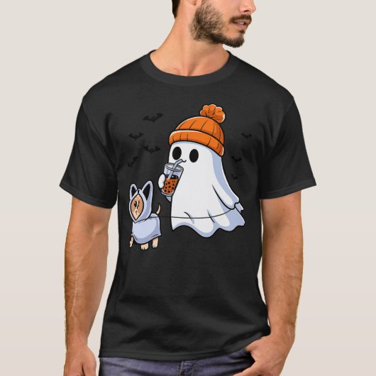 Ghost Drinking Bubble Tea Dog Halloween Costume Me Tシャツ (正面)