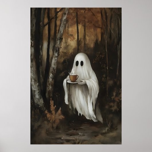 Ghost Drinking Coffee In Fall Forest Print, Ghost ポスター (正面)