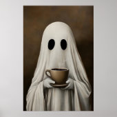 Ghost Drinking Coffee Print, Ghost Tea Whimsical ポスター (正面)