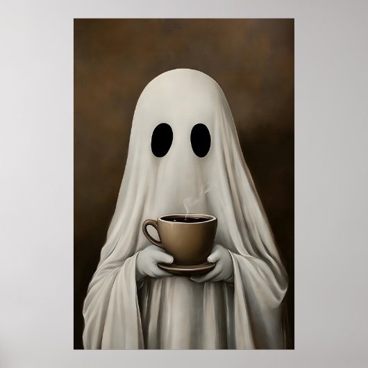 Ghost Drinking Coffee Print, Ghost Tea Whimsical ポスター (正面)