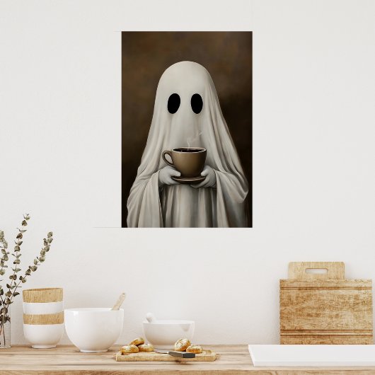 Ghost Drinking Coffee Print, Ghost Tea Whimsical ポスター (キッチン)