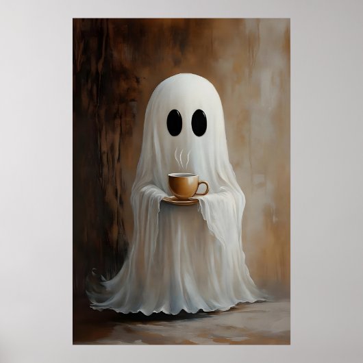 Ghost Drinking Coffee Print, Ghost Tea Whimsical ポスター (正面)