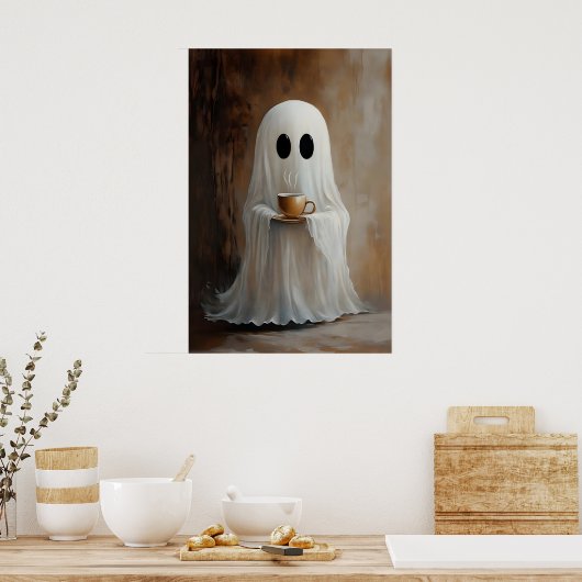 Ghost Drinking Coffee Print, Ghost Tea Whimsical ポスター (キッチン)