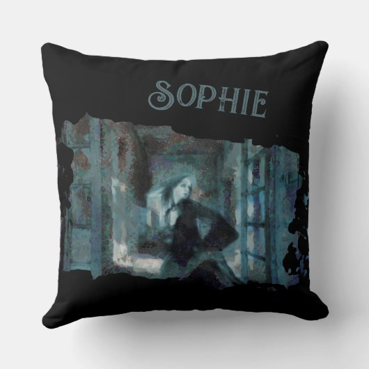 Ghost Girl in Blue – Haunting Surreal Art クッション (裏面)