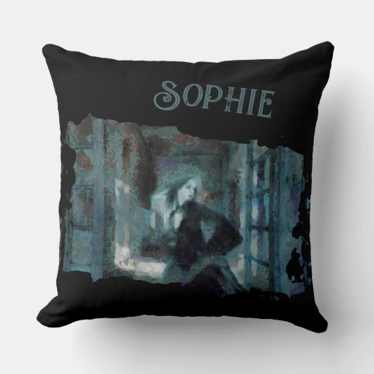 Ghost Girl in Blue – Haunting Surreal Art クッション (正面)