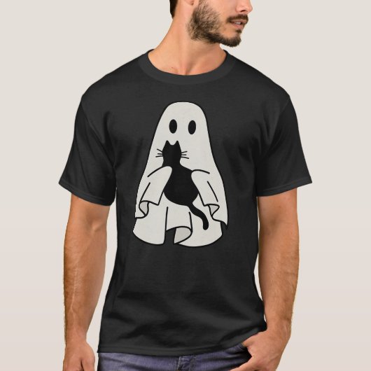 Ghost Holding Black Cat Halloween Friendship Theme Tシャツ (正面)