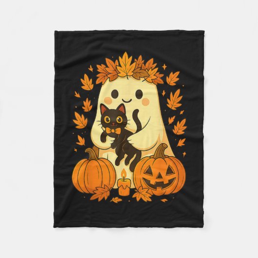 Ghost Holding Black Cat Halloween Pumpkins Autumn フリースブランケット (正面)