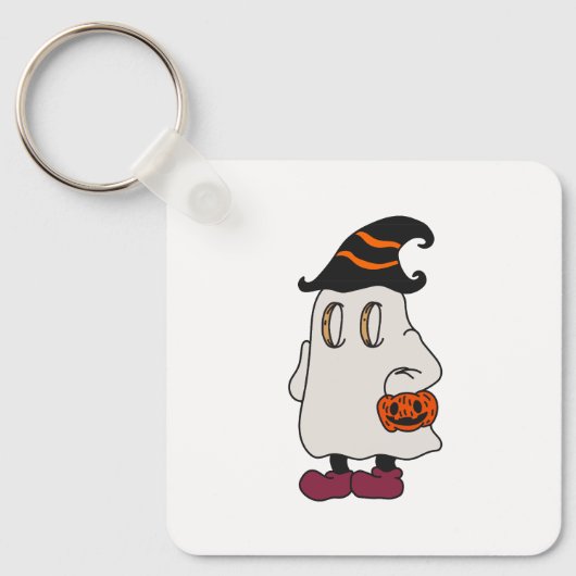 Ghost holding pumpkin and wearing witch hat キーホルダー (正面)