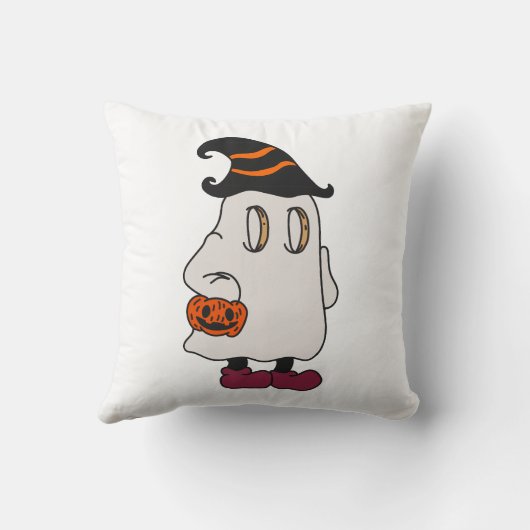 Ghost holding pumpkin and wearing witch hat クッション (裏面)