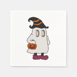Ghost holding pumpkin and wearing witch hat スタンダードカクテルナプキン