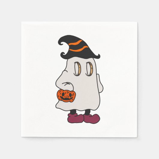 Ghost holding pumpkin and wearing witch hat スタンダードカクテルナプキン (正面)