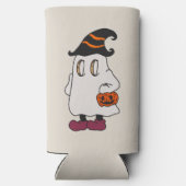 Ghost holding pumpkin and wearing witch hat スリム缶クーラー (裏面)
