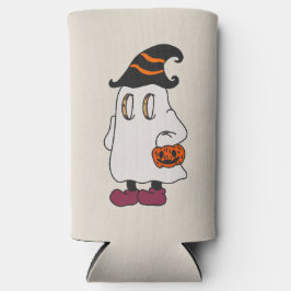Ghost holding pumpkin and wearing witch hat スリム缶クーラー