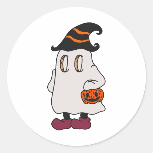 Ghost holding pumpkin and wearing witch hat ラウンドシール (正面)