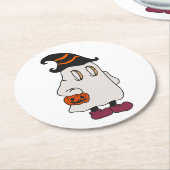 Ghost holding pumpkin and wearing witch hat ラウンドペーパーコースター (アングル)