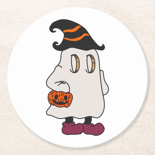 Ghost holding pumpkin and wearing witch hat ラウンドペーパーコースター (正面)