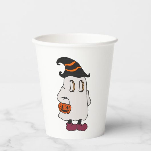 Ghost holding pumpkin and wearing witch hat 紙コップ (正面)
