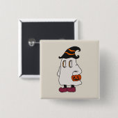 Ghost holding pumpkin and wearing witch hat 缶バッジ (正面&裏面)