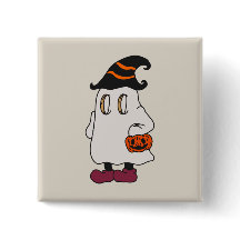 Ghost holding pumpkin and wearing witch hat